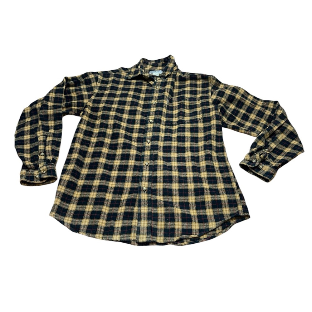 VINTAGE CARHARTT BUTTON DOWN SHIRT MENS SIZE MEDIUM BLACK TAN PLAID